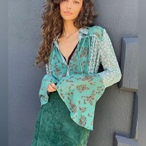 Free People Serena sheer floral flowy printed bell sleeve blouse Emerald size S